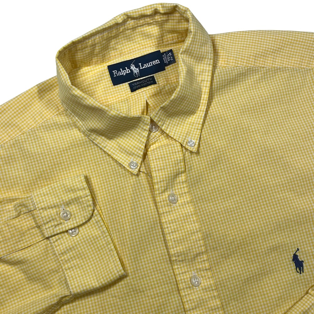 Ralph Lauren Yarmouth Shirt Mens 17.5 Yellow Gingham Cotton Button Down LS
